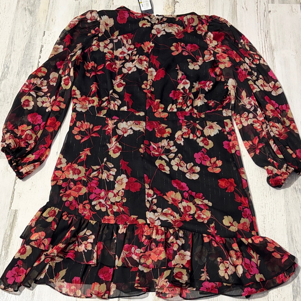 Tommy Hilfiger Black and Reddish Pink Floral Long Sleeve Dress metallic NWT - Picture 8 of 11